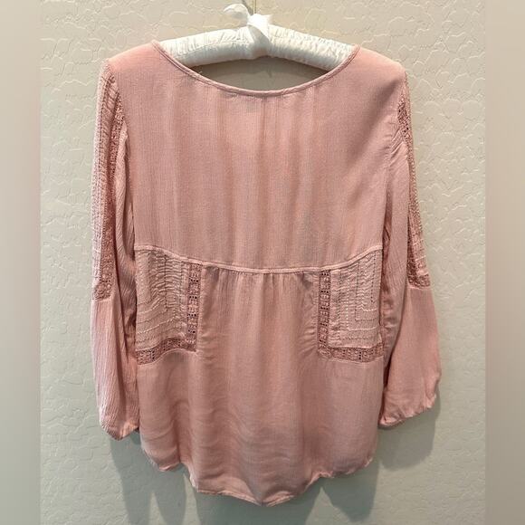 AMERICAN EAGLE | Blush Pink Boho Peasant Blouse Lace Trim Long Sleeve | Medium - Picture 4 of 8